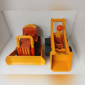 Vintage Fisher-Price Orange and Yellow Toy Bulldozer & Front End Loader
